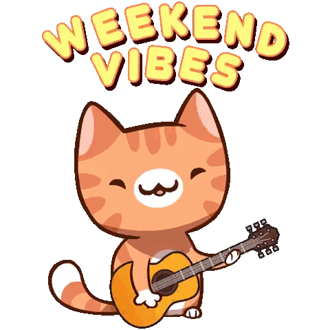 A Cartoon Cat Is Playing A Guitar With The Words Weekend Vibes Behind Him Sticker