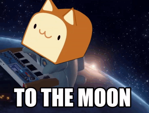 A Cartoon Cat Is Playing A Keyboard With The Words To The Moon Written Below It GIF