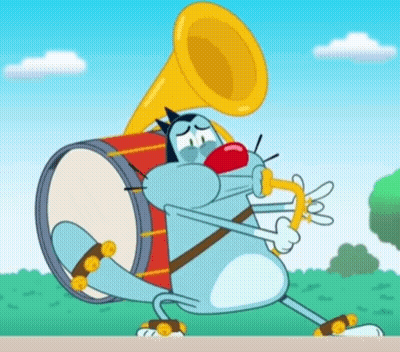 A Cartoon Cat Is Playing A Trumpet While Holding A Drum GIF