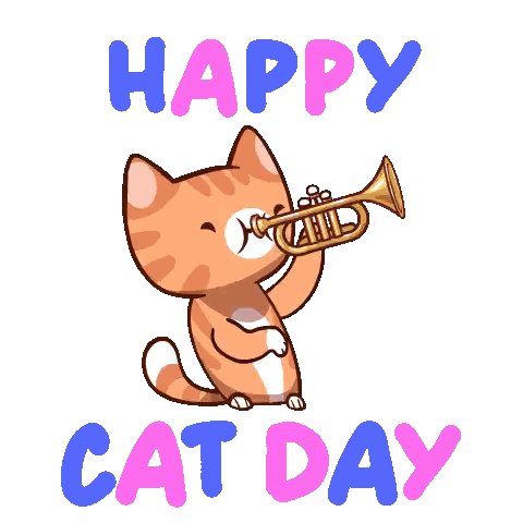 A Cartoon Cat Is Playing A Trumpet With The Words Happy Cat Day Above It Sticker