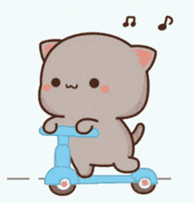 A Cartoon Cat Is Riding A Blue Scooter With Music Notes . GIF