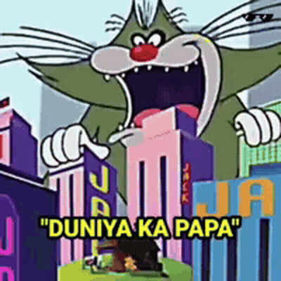 A Cartoon Cat Is Screaming In Front Of A City With The Words " Duniya Ka Papa " Above Him GIF