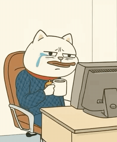 A Cartoon Cat Is Sitting At A Desk Holding A Cup Of Coffee And Crying While Looking At A Computer Screen . GIF