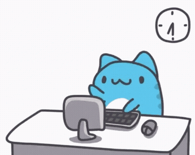 A Cartoon Cat Is Sitting At A Desk With A Computer And A Clock GIF