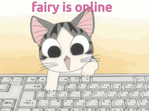 A Cartoon Cat Is Sitting At A Keyboard With The Words Fairy Is Online Below It GIF