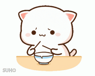 A Cartoon Cat Is Sitting At A Table With A Bowl Of Food And A Straw In Its Mouth . GIF
