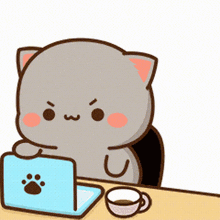 A Cartoon Cat Is Sitting At A Table With A Laptop And Cup Of Coffee . GIF