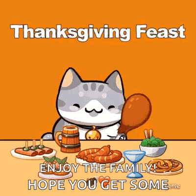 A Cartoon Cat Is Sitting At A Table With A Turkey In Its Mouth . GIF