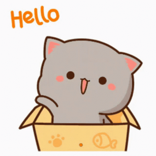 A Cartoon Cat Is Sitting In A Cardboard Box And Says Hello . GIF