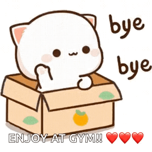 A Cartoon Cat Is Sitting In A Cardboard Box With The Words `` Bye Bye Enjoy At Gym ! '' GIF