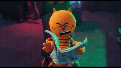 A Cartoon Cat Is Sitting In A Chair Holding A Newspaper On His Head GIF