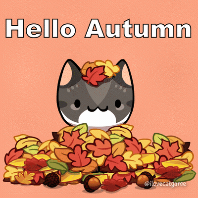 A Cartoon Cat Is Sitting In A Pile Of Leaves With The Words Hello Autumn Written Above It GIF