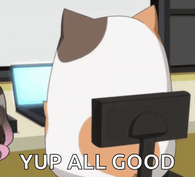A Cartoon Cat Is Sitting In Front Of A Computer Monitor With The Words Yup All Good Below It GIF
