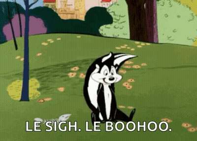 A Cartoon Cat Is Sitting In The Grass With The Words `` Le Sigh , Le Boohoo '' Written On It . GIF