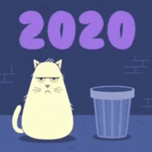 A Cartoon Cat Is Sitting Next To A Trash Can And Holding Up A Sign That Says 2020 GIF