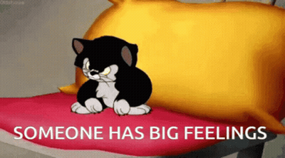 A Cartoon Cat Is Sitting On A Bed With The Words " Someone Has Big Feelings " Above It GIF