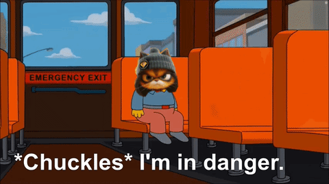 A Cartoon Cat Is Sitting On A Bus Next To An Emergency Exit Sign GIF