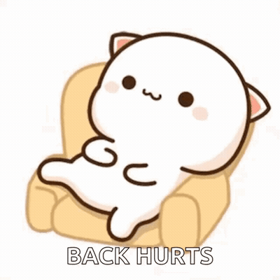 a cartoon cat is sitting on a couch with the words `` back hurts '' written on it .