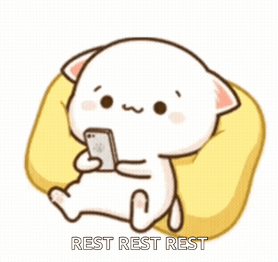 A Cartoon Cat Is Sitting On A Pillow Holding A Cell Phone And Says `` Rest Rest Rest '' . GIF
