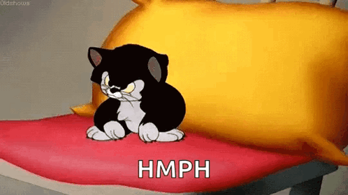 A Cartoon Cat Is Sitting On A Pillow With The Words `` Hmph '' Written Below It . GIF