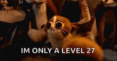A Cartoon Cat Is Sitting On The Floor With The Words `` Im Only A Level 27 '' Written Above It . GIF