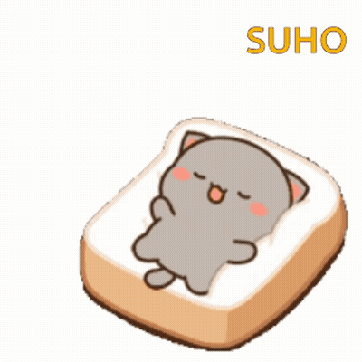 A Cartoon Cat Is Sitting On Top Of A Piece Of Bread With The Word Suho Above It . GIF