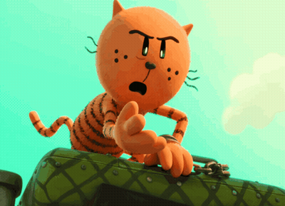 A Cartoon Cat Is Sitting On Top Of A Suitcase And Pointing GIF