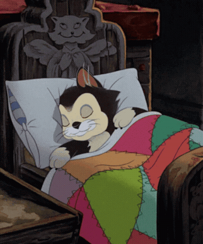 A Cartoon Cat Is Sleeping In A Bed With A Colorful Quilt GIF