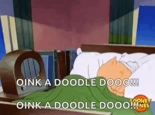 A Cartoon Cat Is Sleeping In A Bed With The Words Oink A Doodle Dooo ! GIF