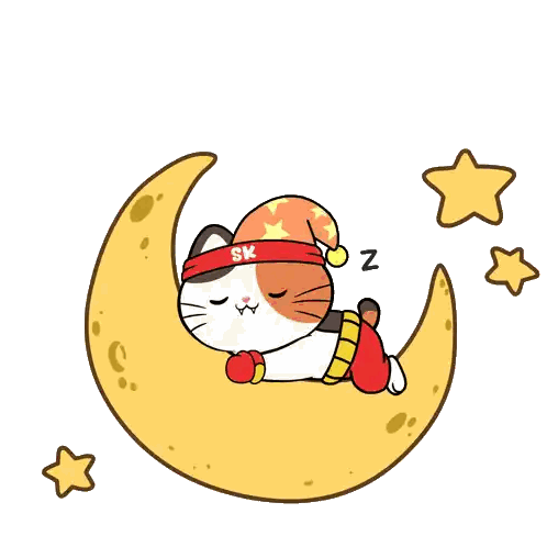 A Cartoon Cat Is Sleeping On A Crescent Moon With A Red Band Around Its Head That Says Sk Sticker
