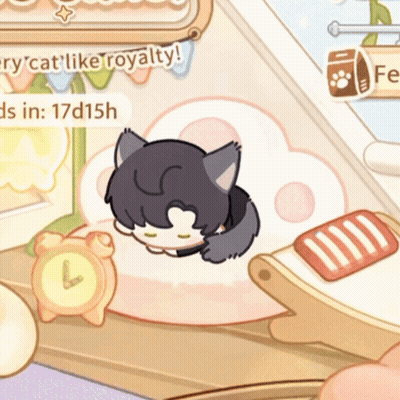 A Cartoon Cat Is Sleeping On A Paw Shaped Pillow With The Words " Cat Like Royalty " In The Background GIF