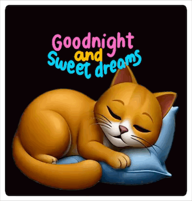 A Cartoon Cat Is Sleeping On A Pillow With The Words Goodnight And Sweet Dreams Written Above It . GIF