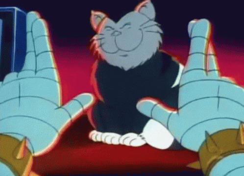 A Cartoon Cat Is Smiling While Being Held By Two Robotic Hands GIF