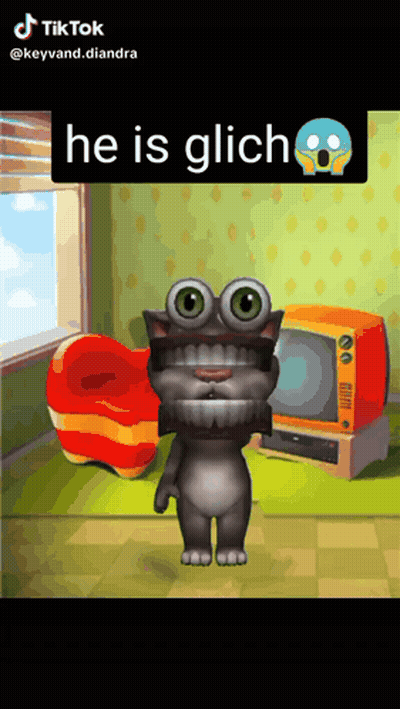A Cartoon Cat Is Standing In A Room With The Words He Is Glich Written Above It GIF