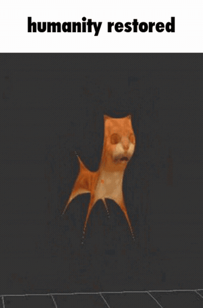 A Cartoon Cat Is Standing In Front Of A Black Background With The Words `` Humanity Restored '' Written Above It . GIF