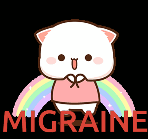 A Cartoon Cat Is Standing In Front Of A Rainbow With The Word Migraine Written Below It GIF