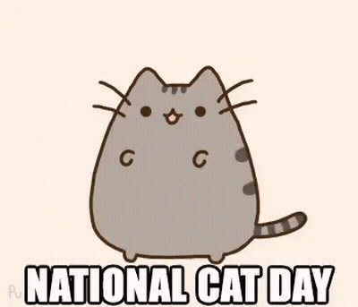 A Cartoon Cat Is Standing In Front Of A White Background And Says `` National Cat Day '' . GIF