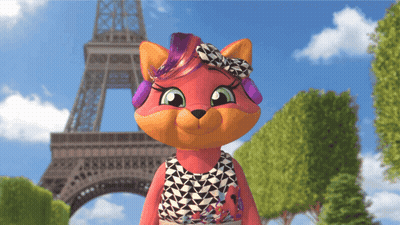 A Cartoon Cat Is Standing In Front Of The Eiffel Tower Wearing Headphones GIF
