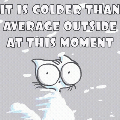 A Cartoon Cat Is Standing In The Snow With The Words " It Is Colder Than Average Outside At This Moment " GIF