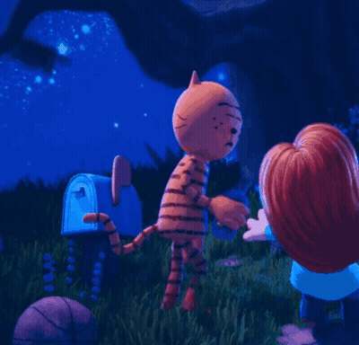 A Cartoon Cat Is Standing Next To A Girl With A Name Tag That Says ' Maggie ' On It GIF