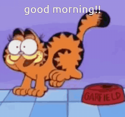 A Cartoon Cat Is Standing Next To A Red Bowl That Says Garfield GIF