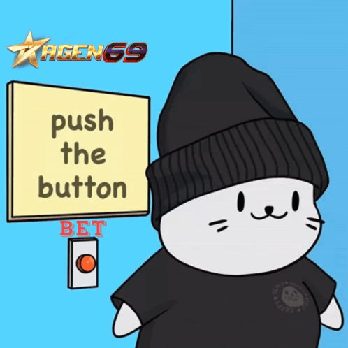 A Cartoon Cat Is Standing Next To A Sign That Says Push The Button Bet GIF