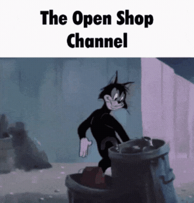 A Cartoon Cat Is Standing Next To A Trash Can With The Words " The Open Shop Channel " On The Bottom GIF