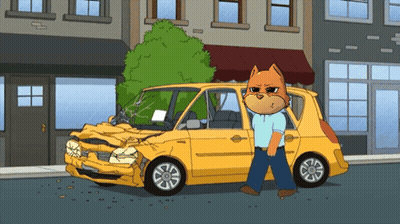 A Cartoon Cat Is Standing Next To A Yellow Car That Has Been Damaged GIF