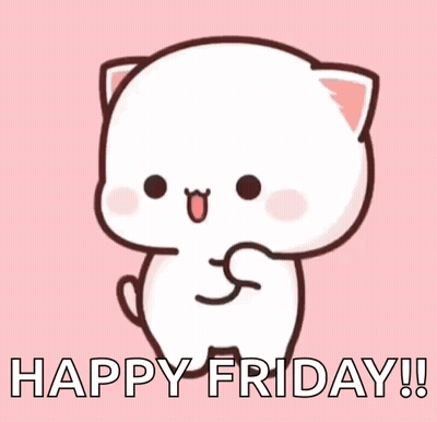 A Cartoon Cat Is Standing On A Pink Background And Saying `` Happy Friday ! '' GIF