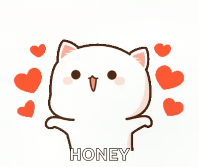 A Cartoon Cat Is Surrounded By Red Hearts And The Word Honey Is On The Bottom . GIF