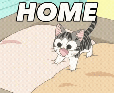 A Cartoon Cat Is Walking On A Bed With The Word Home Above It GIF