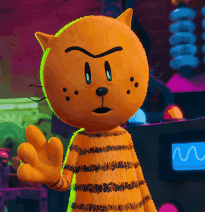 A Cartoon Cat Is Waving His Hand In Front Of A Monitor That Says M GIF