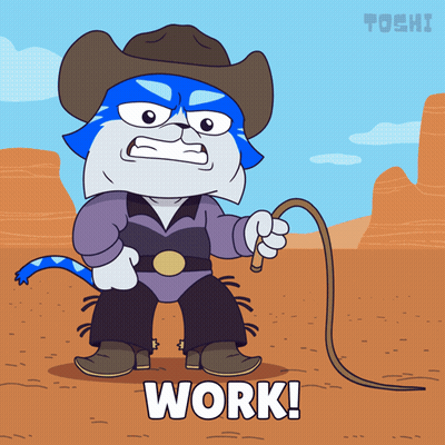 A Cartoon Cat Is Wearing A Cowboy Outfit And Holding A Lasso With The Words Work Written Below Him GIF