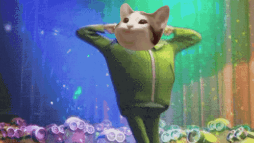 A Cartoon Cat Is Wearing A Green Jacket And Standing In Front Of A Crowd Of Minions . GIF
